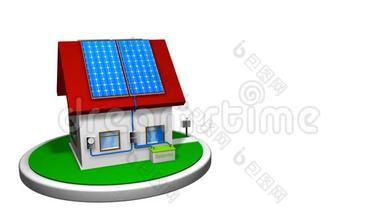 3D动画的一个小房子安装了太阳能系统，红色屋顶上有4圆盘上的红色屋顶上有4圆盘上。