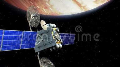 虚拟人造卫星在木星轨道，三维动画。行星的纹理是在图形编辑器中创建的。