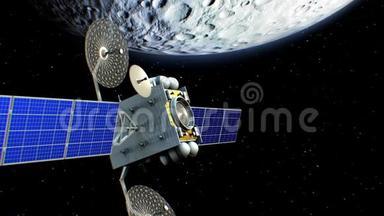 虚拟月球轨道上的人造卫星，三维动画。月球的纹理是在图形编辑器中创建的。