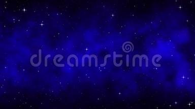 夜空，深蓝色的动态空间背景，明亮闪烁的星星移动星云，无缝环