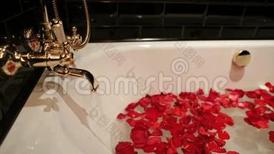 水和红玫瑰花瓣的黑<strong>浴池</strong>