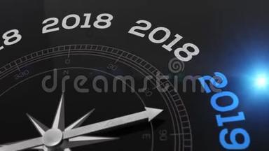 指南针与文字<strong>2019</strong>年，新年，概念<strong>视频</strong>为好的方向蓝色闪亮的背景。