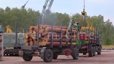 起重机从卡车上卸下原木，林业起重机卸下原木