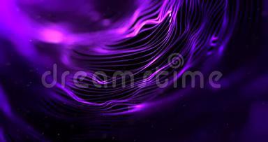 黑色背景科学研究中带有粒子的抽象流阵紫紫闪光线