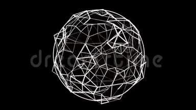 无缝旋转噪声透明球体的点与白色线连接在黑色背景上。 4k