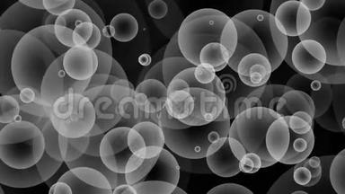 白色和灰色无缝上升气泡漂浮和缓慢移动循环粒子气泡动画黑色背景。