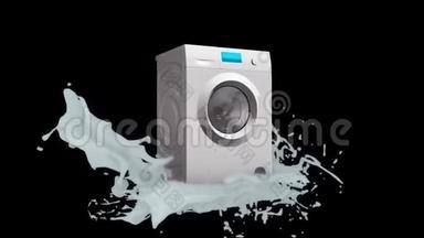 用电子面板在白色飞溅的黑色背景上旋转的白色洗衣机的抽象三维模型