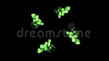 发光的绿色墨水在黑色背景上溶解在水中，用卢马哑光。 计算机仿真的三维渲染。 多重