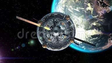 穿越地球背景的科幻飞船之门，绿色屏幕，3d。 地球的纹理是在