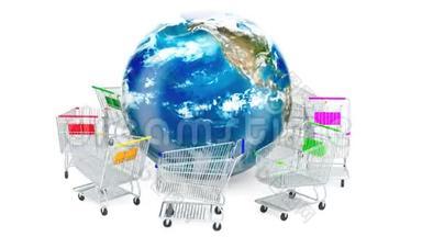 购物车正在全球移动，网上购物的概念。 3D绘制