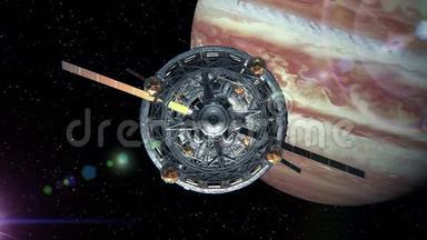 通过木星背景的科幻飞船之门飞行，绿色屏幕，三维动画。 纹理