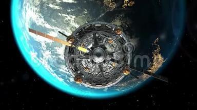 穿越<strong>科幻飞船</strong>的大门飞行.. 地球和太阳背景，3D，绿色屏幕。 创造了地球的纹理
