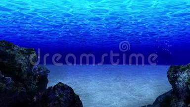 在海洋中潜水。 水下观看深蓝<strong>大海</strong>中的太阳光线和气泡.. 奢享暑假概念.. 循环<strong>动画</strong>。