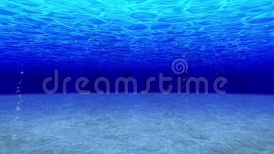 在海洋中潜水。 水下观看深蓝大海中的太阳光线和气泡.. 奢享暑假概念.. 循环动画。