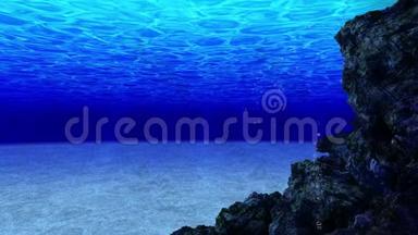 在海洋中潜水。 水下观看深蓝大海中的太阳光线和气泡.. 奢享暑假概念.. 循环动画。