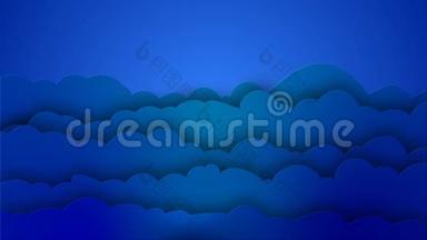 蓝色卡通风格的云朵随着旋转的太阳光起伏