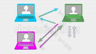 网页横幅动画与彩色笔记本，箭头，连接按钮和手光标，在线学习，在线