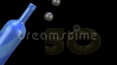 50周年动画视频横幅，蓝色香槟，银色<strong>气泡爆炸</strong>和旋转黄金号码