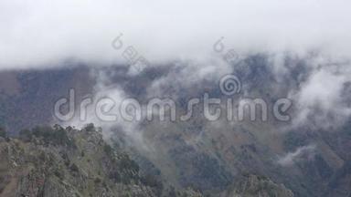 俄罗斯。 早春，<strong>浓</strong>雾</strong>笼罩着中高加索山脉陡峭的山坡。