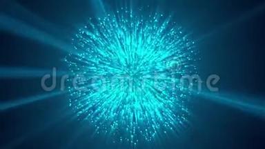 许多抽象的蓝色小粒子在空间中形成球形，计算机生成抽象背景，三维渲染