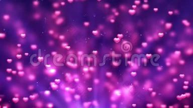 浪漫的旋转荡漾闪耀的爱情红心塑造粉色粒子<strong>飞动</strong>循环紫色背景情人节，莫特
