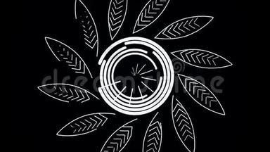 抽象的白色线条在黑色背景上以大圆的形状旋转。 旋转的抽象花