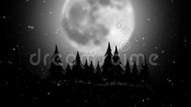 夜晚的森林在月亮的背景上飞舞着雪花，圣诞动画
