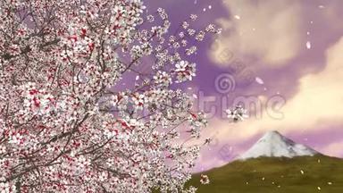 樱花树落花瓣及富士山