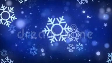 圣诞背景，雪花，星星和<strong>粒子落</strong>在蓝色背景上，循环