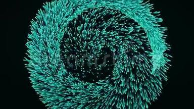 蓝色生长粒子在黑色背景上螺旋运动的抽象动画。 五彩缤纷的动画。