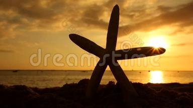 日落海滩上的海星<strong>旅游</strong>度假概念