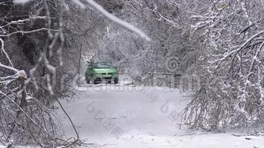 在强烈的冰暴之后，与倒下的树木一起沿着道路行驶