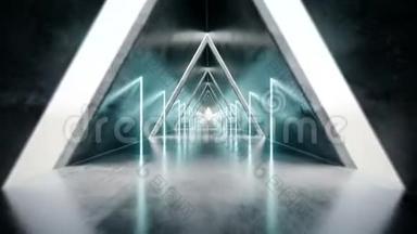 现代科幻宇宙飞船混凝土长走廊，有白色的条形洞和发光的霓虹灯管