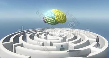 4k彩色大脑上方迷宫，商人站立，人工智能。