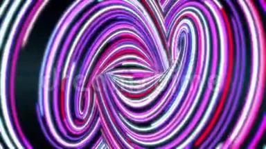 用彩色线条快速旋转抽象路径。 动画。 波折旋转的能量通道