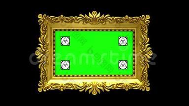 豪华黄金相框在黑色背景上旋转。 带有运动跟踪标记和绿色屏幕的三维动画