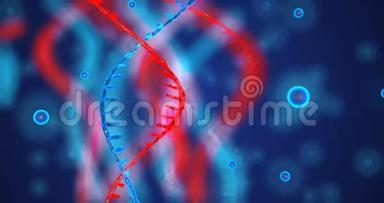 具有景深的抽象闪光<strong>DNA</strong>双<strong>螺旋</strong>.. 来自debrises的<strong>DNA</strong>构建动画。 科学动画