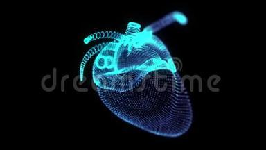 旋转人体心脏<strong>360</strong>度全息图。 发光蓝光粒子点的人体心脏模型。 无缝循环