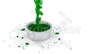 绿色和苗条的液体，许多微球落在银碗里