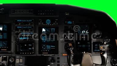未来派飞行员驾驶舱座椅，绿色<strong>屏</strong>幕上有一个完<strong>整</strong>的操作仪表板
