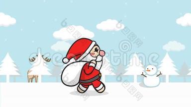 圣诞老人<strong>动画</strong>无缝循环。 卡通圣诞老人带着礼物包走在雪林里，带着<strong>冬天</strong>的风景