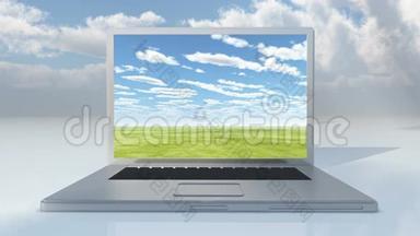 4k笔记本电脑播放的视频时间推移巨大的云滚过草原。