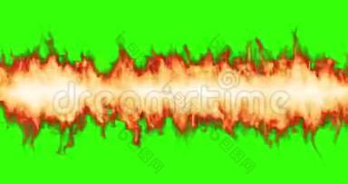 真实火焰火焰的水平线与烟雾在色度键绿色屏幕背景，与阿尔法<strong>通道</strong>，危险火焰