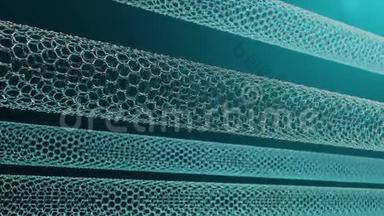 纳米技术喜欢科学背景。 六角形纳米管。 石墨烯原子纳米结构，碳纳米管，耐用