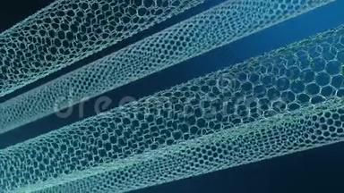 纳米技术喜欢科学背景。 六角形纳米管。 石墨烯原子纳米结构，碳纳米管，耐用
