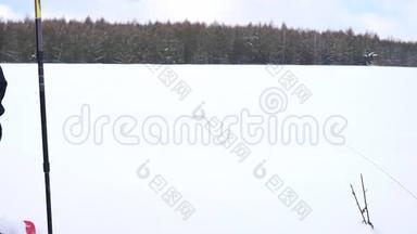 冬季游客带着雪鞋在雪地漂流中行走。 穿着粉色<strong>运动</strong>夹克的徒步<strong>旅行</strong>者和穿着雪鞋的黑色徒步<strong>旅行</strong>者