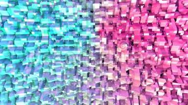 抽象简单的蓝色粉红色低聚三维表面和飞行白色晶体作为梦想背景。 软几何低聚