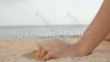 海滩上的贝壳在手里。 夏日海滩概念。