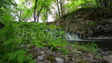 瀑布瀑布瀑布在河上的滑动镜头。 夏日风景。