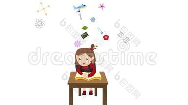 一个女孩子的<strong>卡通动画</strong>正在她桌上用科学、数学、化学、生物工程阅读教育书籍